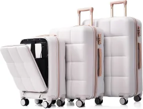 3-Piece Luggage Set with USB Port and Front Opening Design, Lightweight ABS Hard Shell, Spinner Wheels, Cup Holder, Light Grey