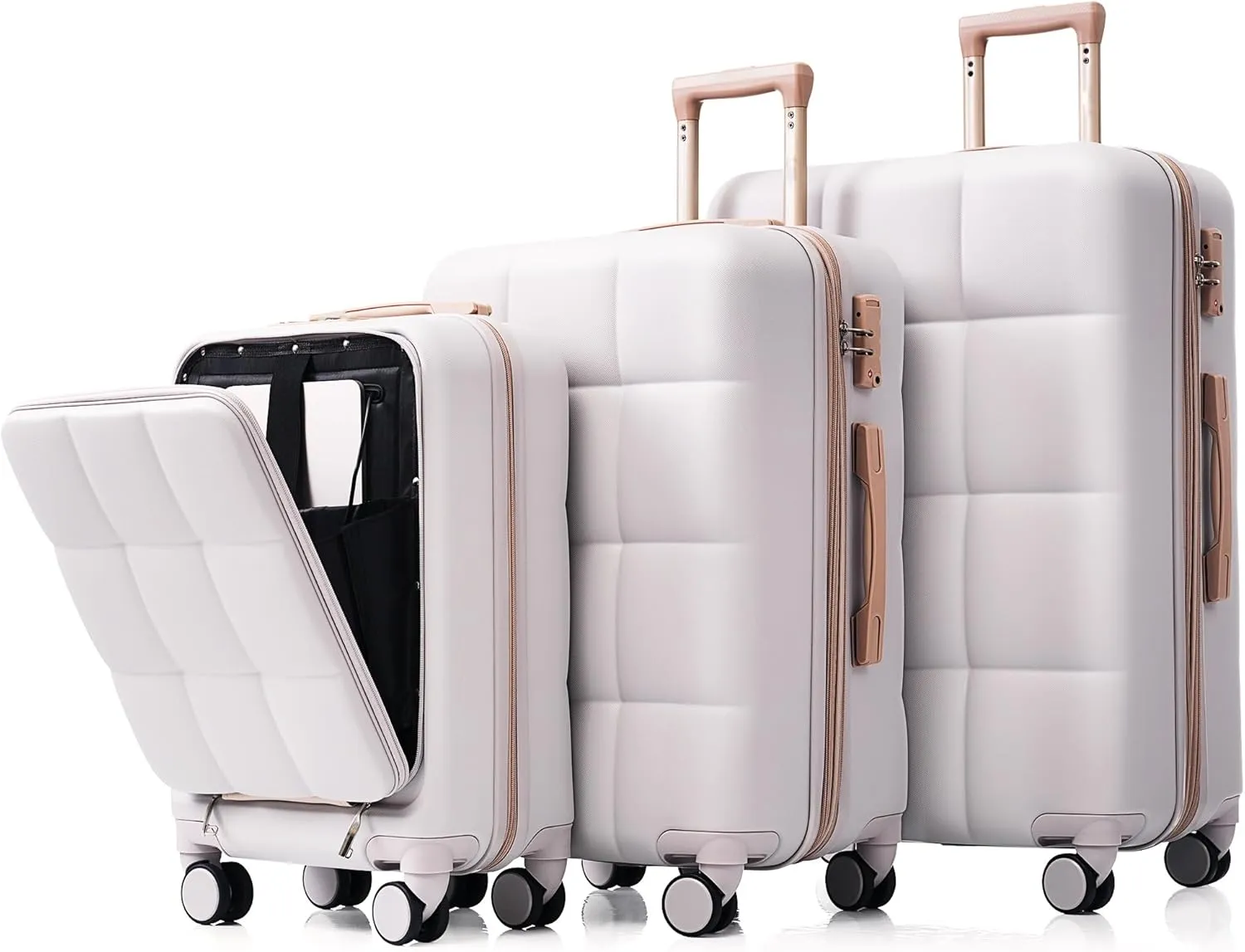 3-Piece Luggage Set with USB Port and Front Opening Design, Lightweight ABS Hard Shell, Spinner Wheels, Cup Holder, Light Grey