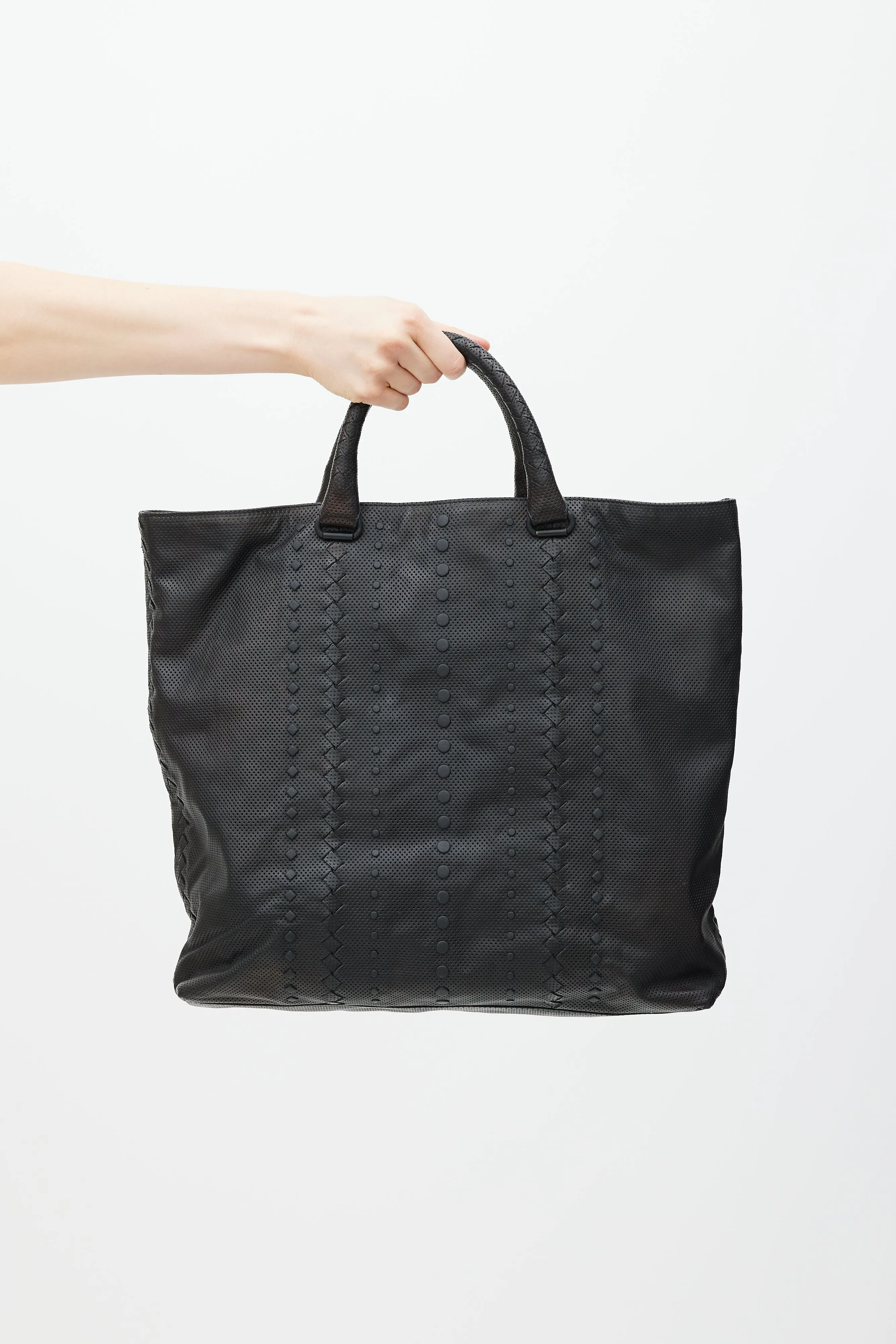 Black Perforated Leather Woven Tote Bag