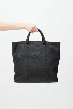 Black Perforated Leather Woven Tote Bag