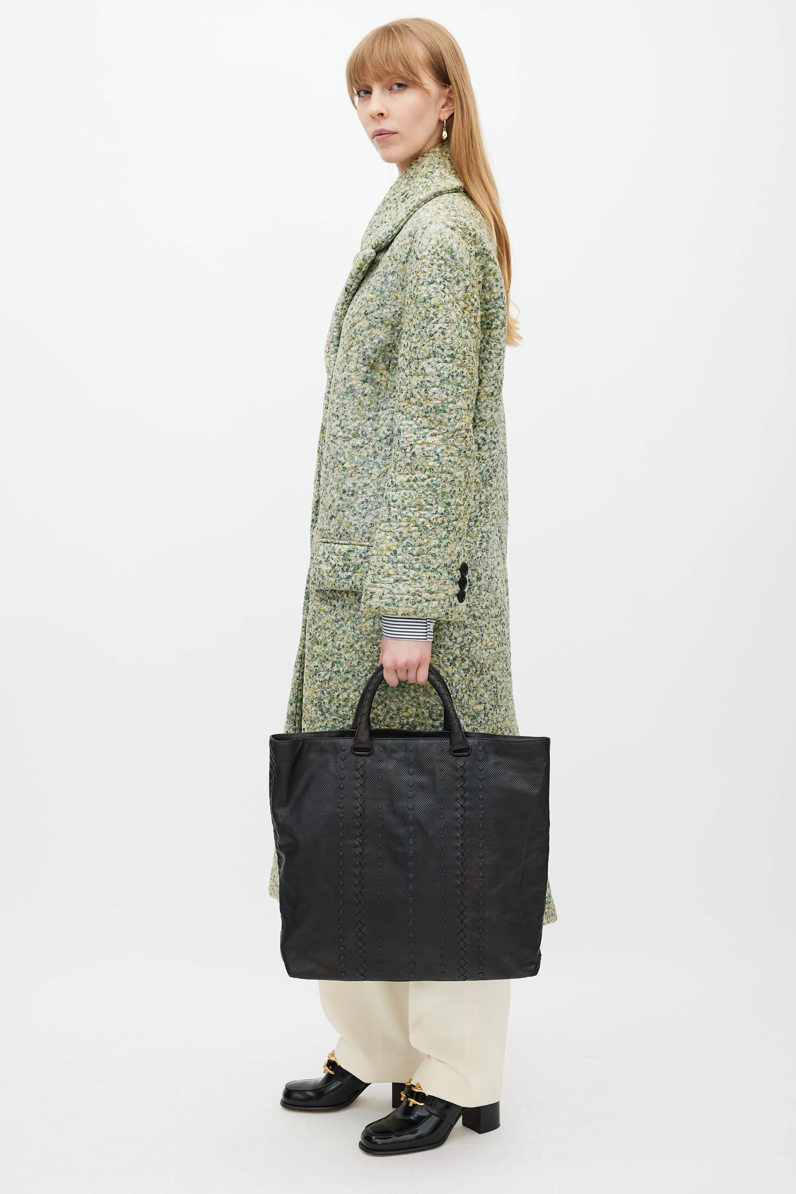 Black Perforated Leather Woven Tote Bag