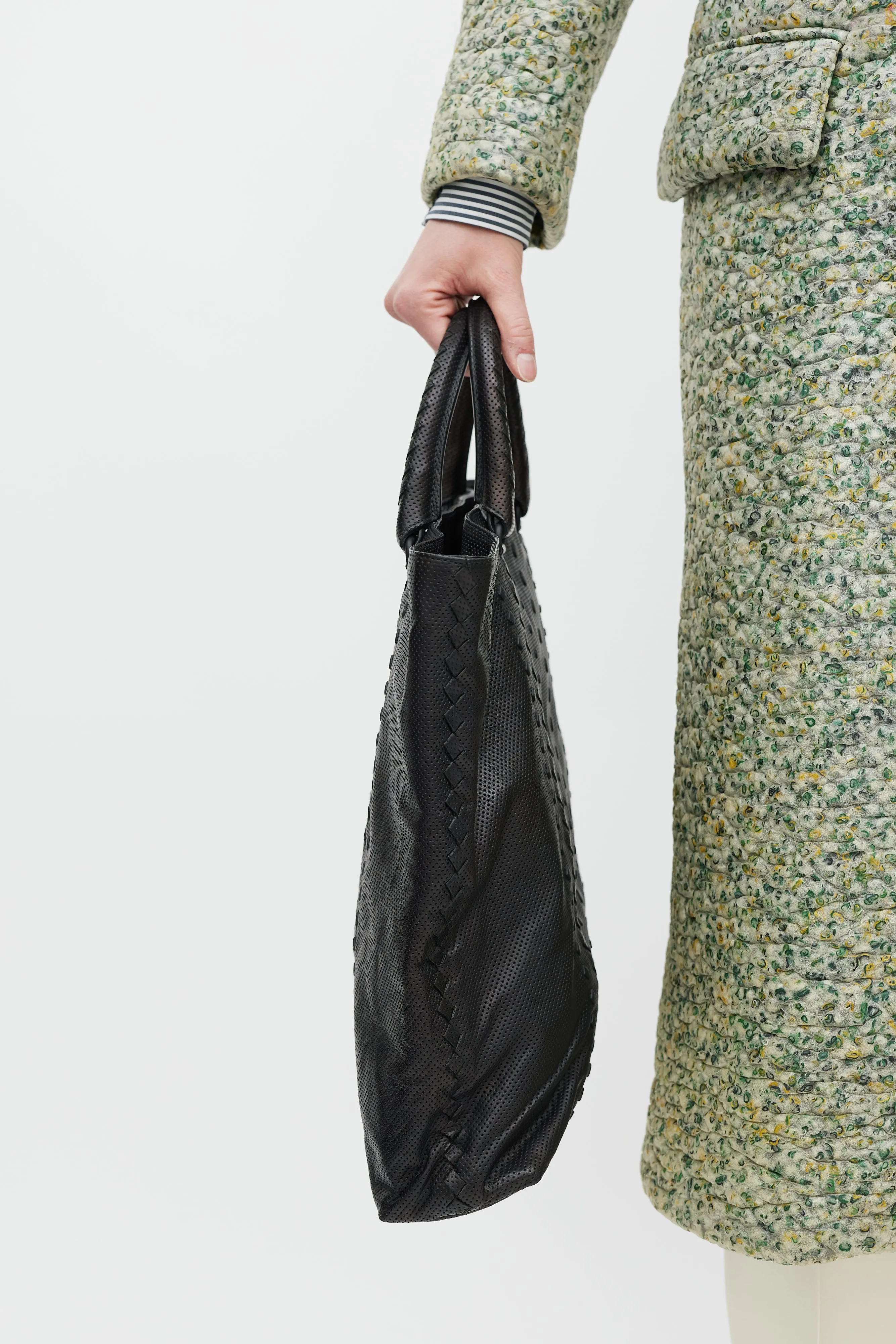 Black Perforated Leather Woven Tote Bag