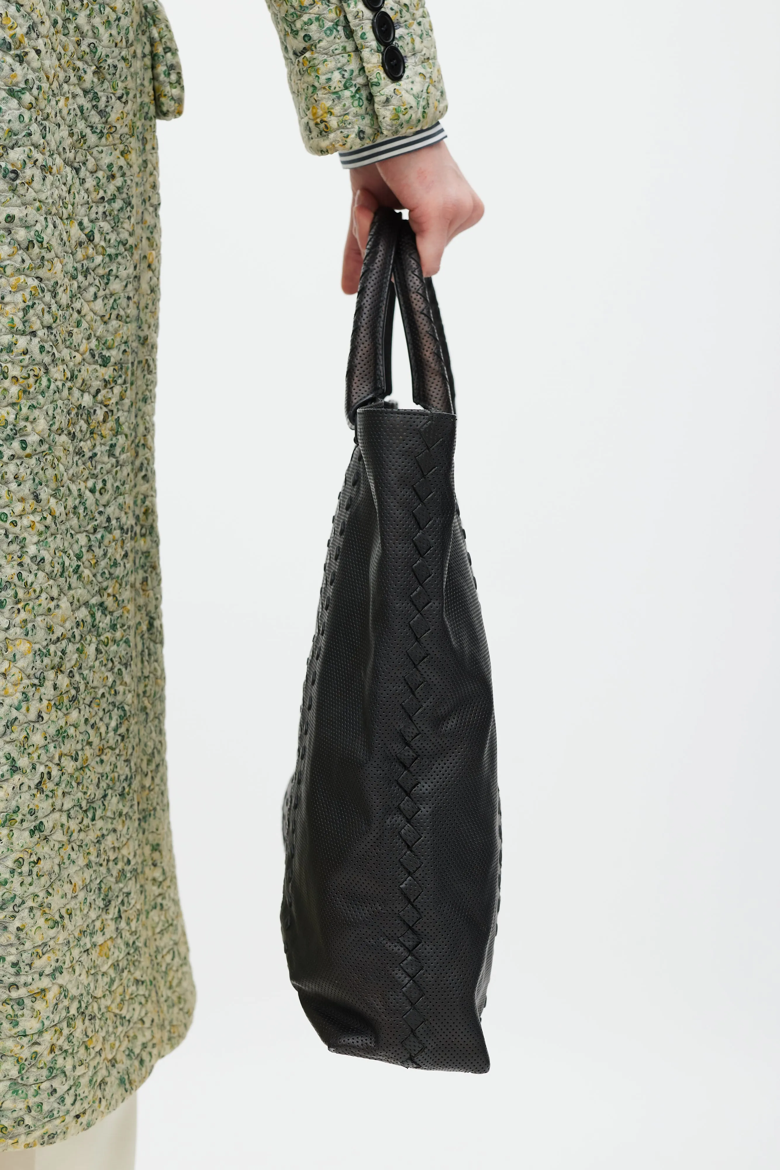 Black Perforated Leather Woven Tote Bag