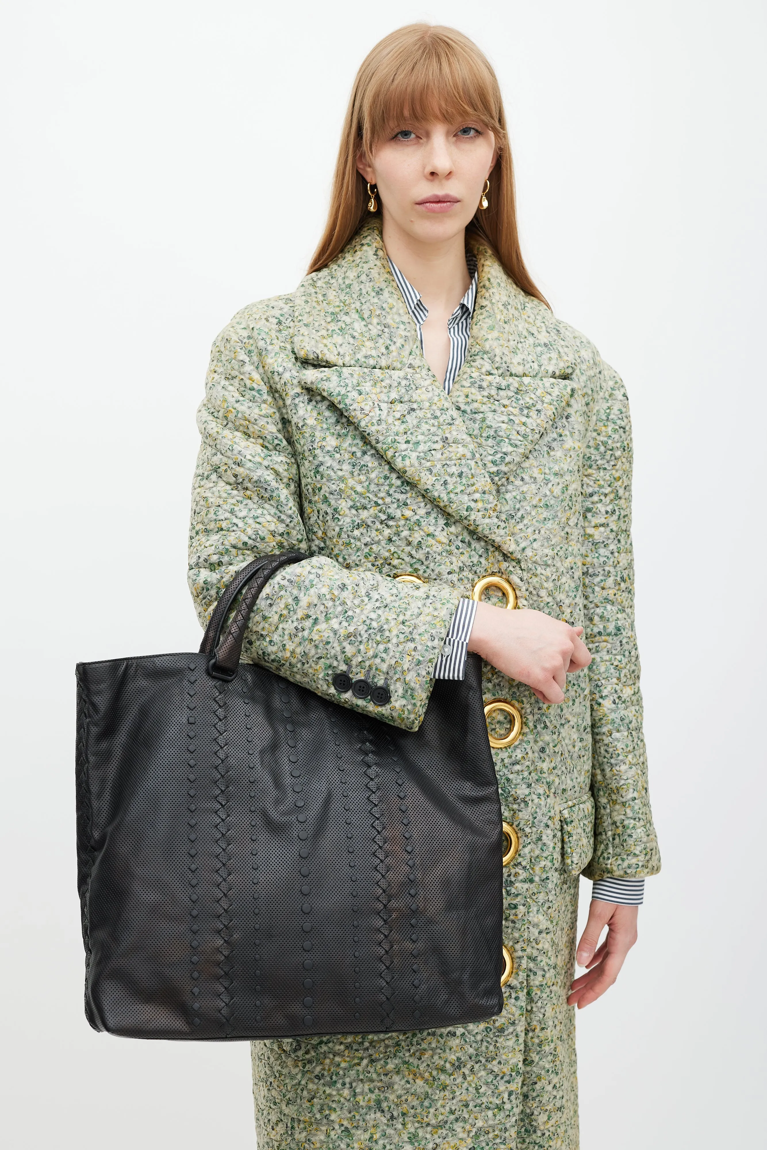 Black Perforated Leather Woven Tote Bag