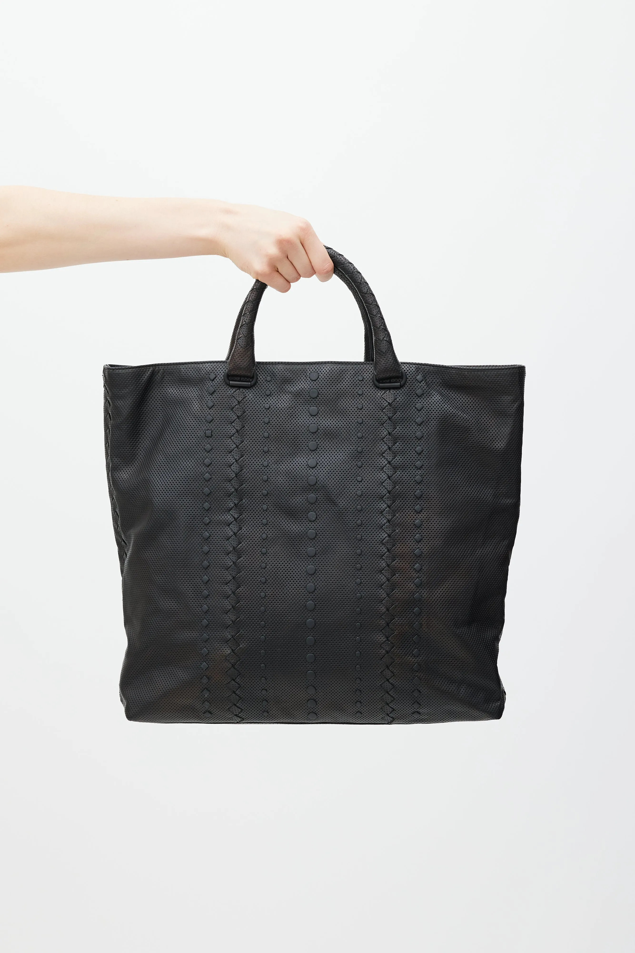 Black Perforated Leather Woven Tote Bag