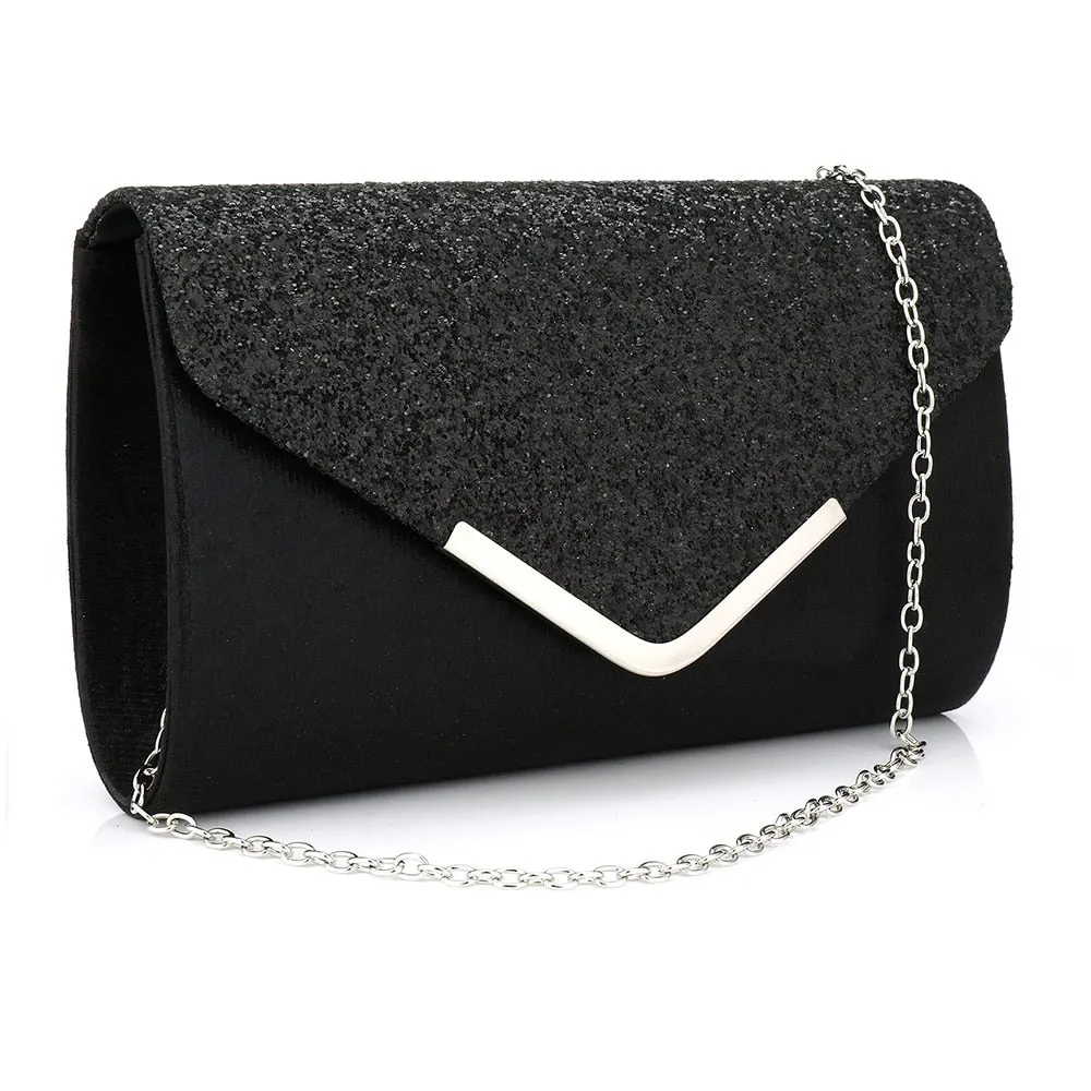 Sequined Envelope Gold Clutch Bags with Chain Wedding Party Clutches