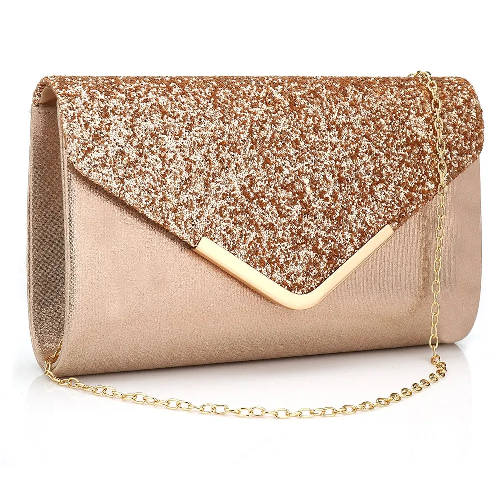 Sequined Envelope Gold Clutch Bags with Chain Wedding Party Clutches
