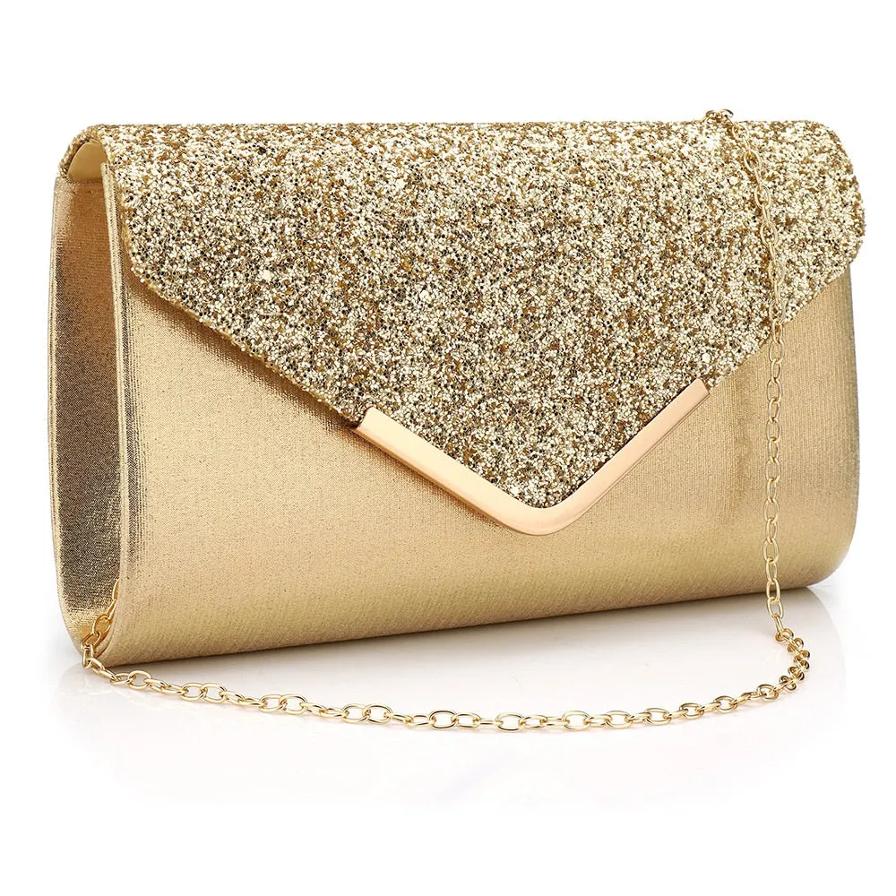 Sequined Envelope Gold Clutch Bags with Chain Wedding Party Clutches