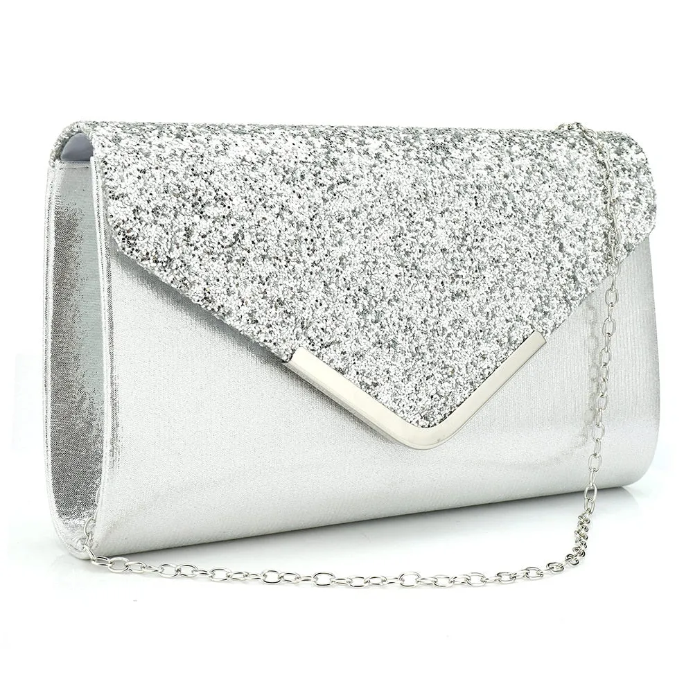 Sequined Envelope Gold Clutch Bags with Chain Wedding Party Clutches