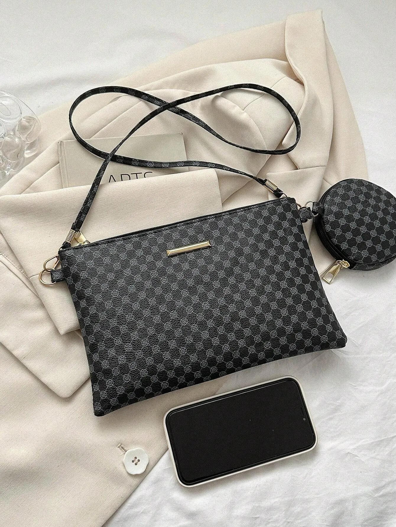 SHEIN Geometric Pattern Square Bag With Coin Purse Metal Decor Zipper PU