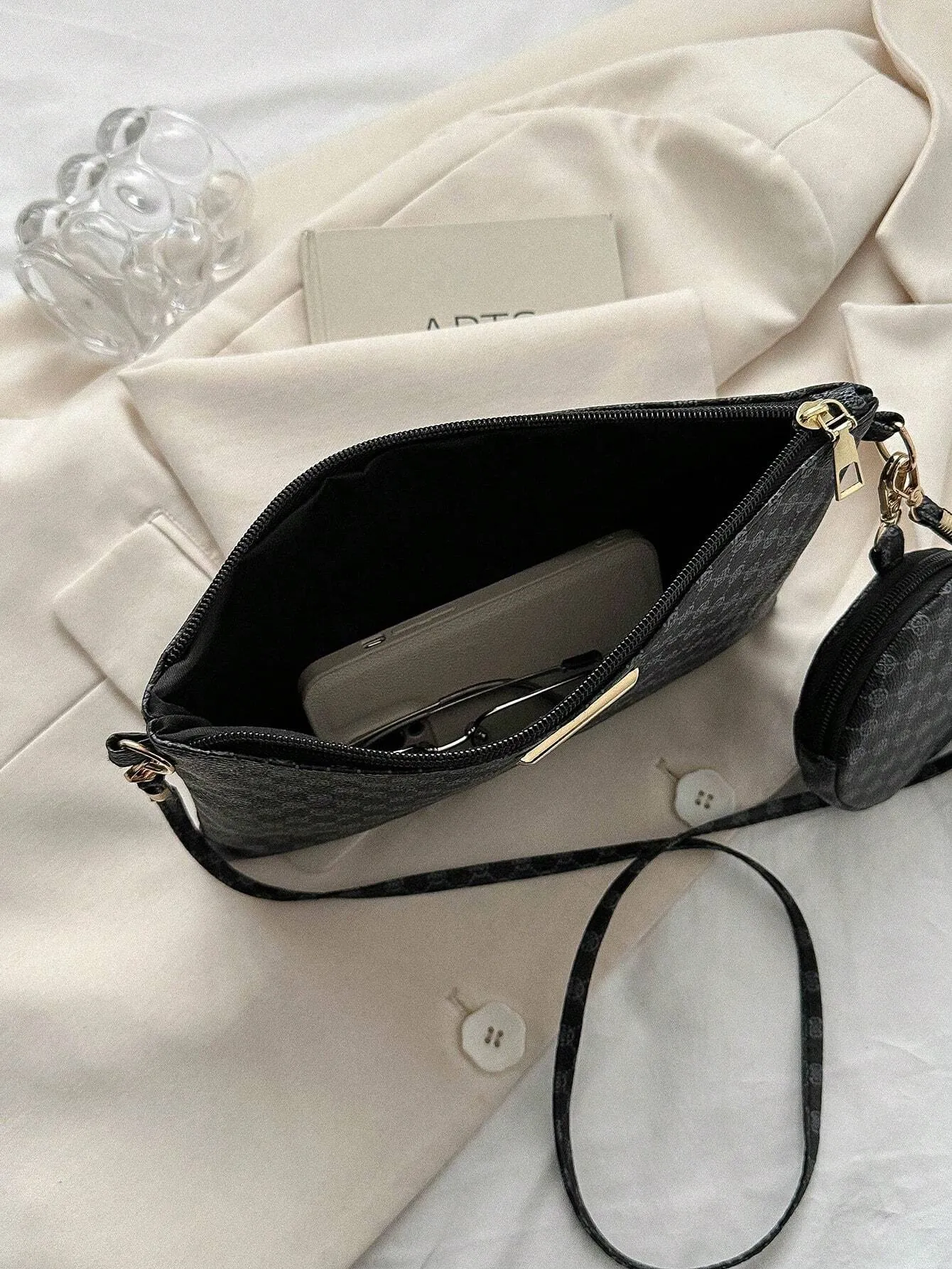 SHEIN Geometric Pattern Square Bag With Coin Purse Metal Decor Zipper PU